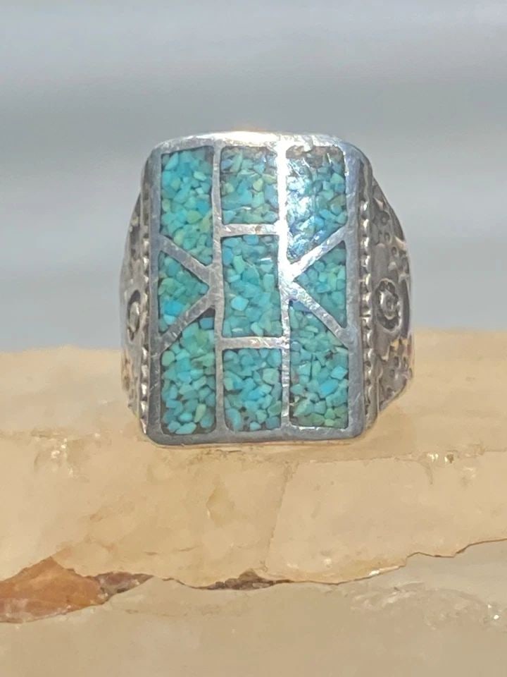 TURQUOISE MOSAIC RING SIZE 7.75 STERLING SILVER TRIBAL SOUTHWEST WOMEN MEN (1 of 1)