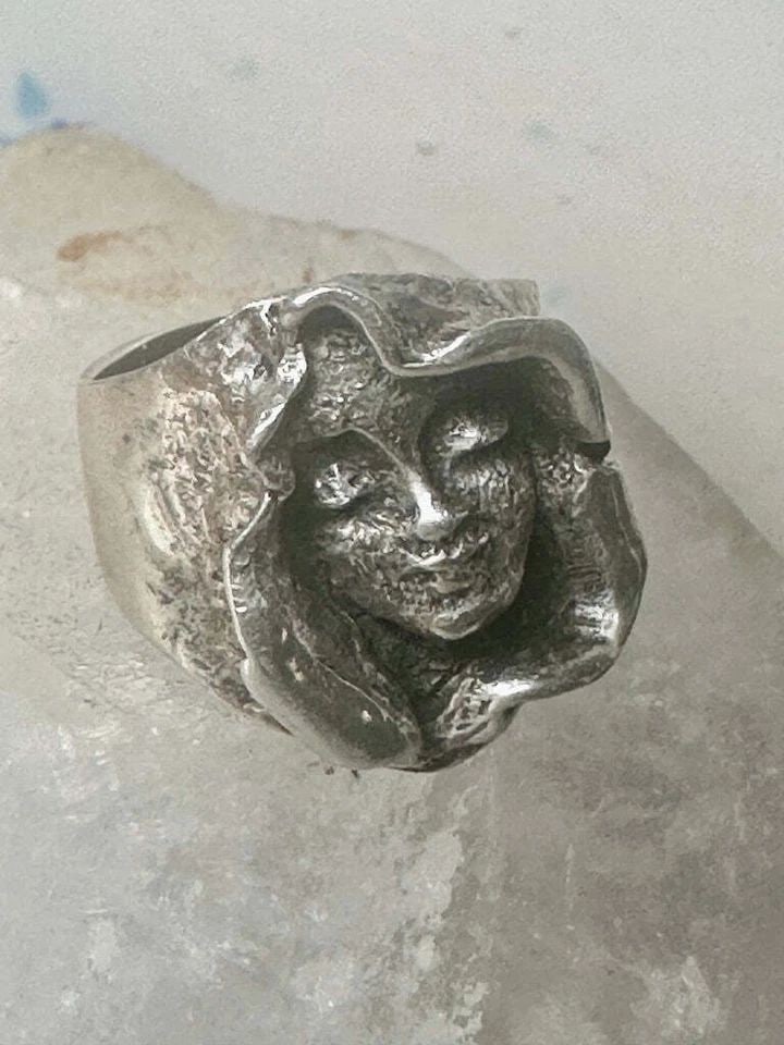 FACE RING STERLING SILVER PINKY BRUTALIST BAND SIZE 4.75 WOMEN GIRLS (1 of 1)