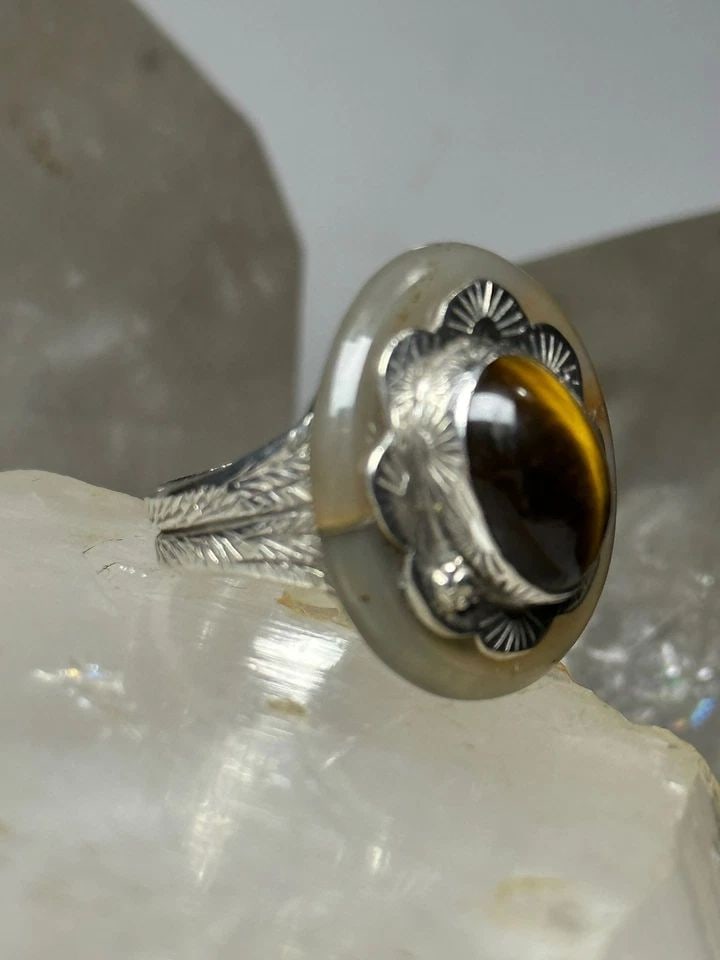 TIGER EYE RING FLORAL AGATE BAND SIZE 7.50 STERLING SILVER WOMEN (1 of 1)