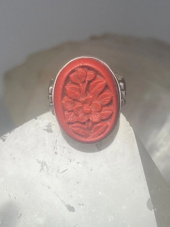 FLORAL RING CINNABAR BAND STERLING SILVER WOMEN GIRLS (1 of 2)