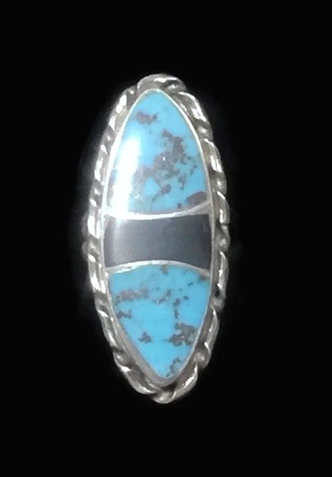NAVAJO LONG TURQUOISE ONYX RING VINTAGE SOUTHWEST STERLING SILVER SIZE 6.25: NAVAJO LONG TURQUOISE ONYX RING VINTAGE SOUTHWEST STERLING SILVER SIZE 6.25 Navajo Long Turquoise Onyx Ring Vintage Native American Sterling Silver Signed by N. Lee Size 6.25 Weight 9.9g Length