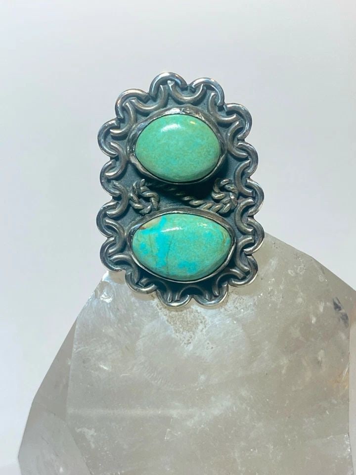 TURQUOISE RING SOUTHWEST STERLING SILVER WOMEN SIZE 7.25: TURQUOISE RING SOUTHWEST STERLING SILVER WOMEN SIZE 7.25 Turquoise ring southwest sterling silver women Minor stone imperfections Size 7.25 Weight 14.5g Length 1 1/2" Width. 1" Thinnest part of band 1