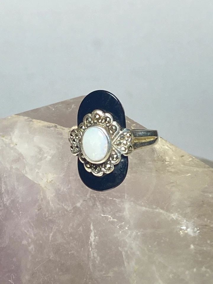 ONYX OPAL RING MARCASITES ART DECO STYLE MOURNING STERLING SILVER WOMEN (1 of 2)