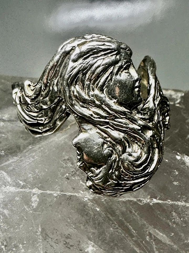 FACE RING LADY TWO FACE DOUBLE FACED SIZE 11 LONG HAIR ART DECO STYLE STERLING S (1 of 1)