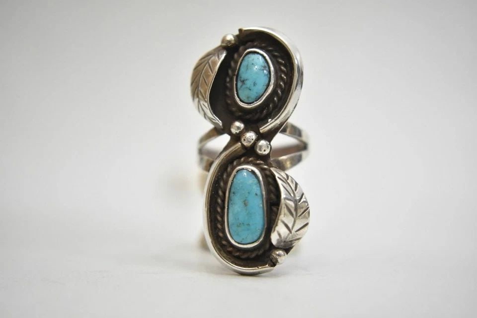LONG TURQUOISE RING NAVAJO STERLING SILVER WOMEN SIZE 5.25 (1 of 1)