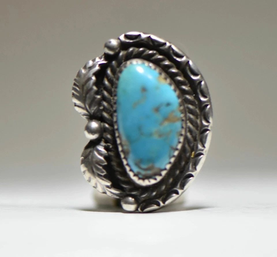 TURQUOISE RING LONG NAVAJO FEATHERS SOUTHWEST STERLING SILVER (1 of 1)