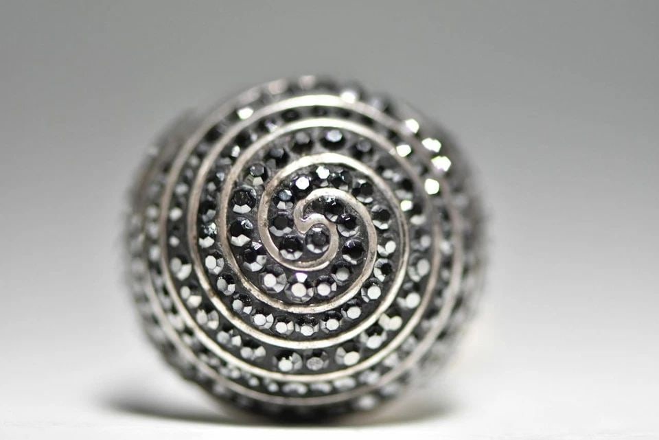 DOME RING ART DECO SPIRAL COCKTAIL BUBBLE BLACK CRYSTALS STERLING SILVER WOMEN (1 of 1)