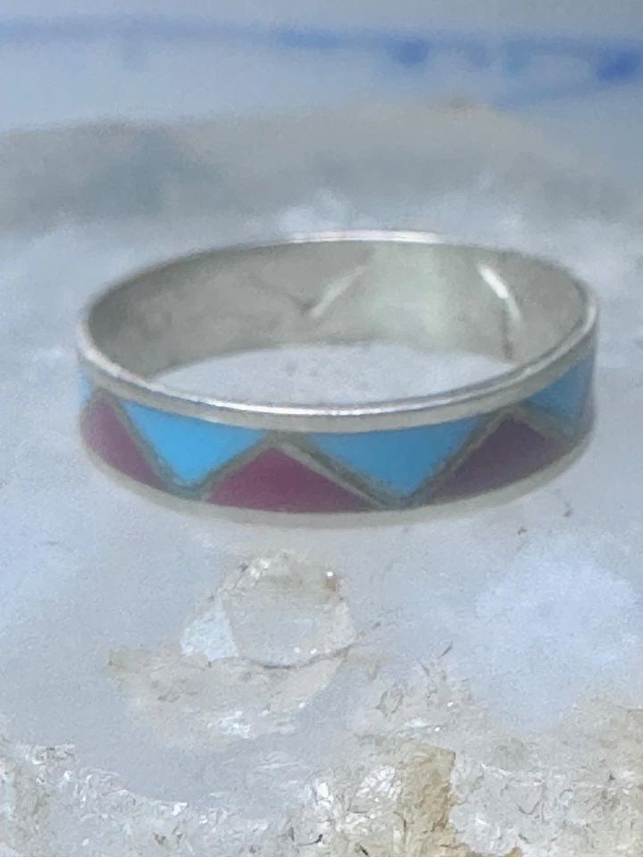ZUNI RING WEDDING BAND STERLING SILVER TURQUOISE CORAL CHIPS SIZE 9.50 MEN WOME (1 of 1)