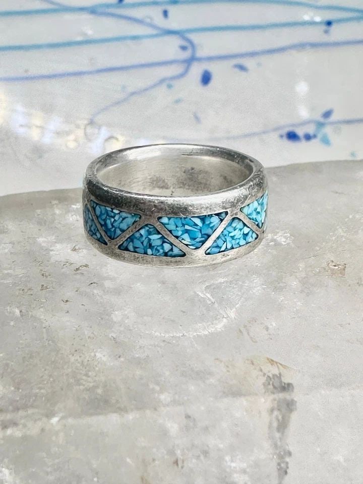 ZUNI WEDDING RING TURQUOISE CHIPS WEDDING BAND SIZE 6.50 STERLING SILVER WOMEN M (1 of 1)