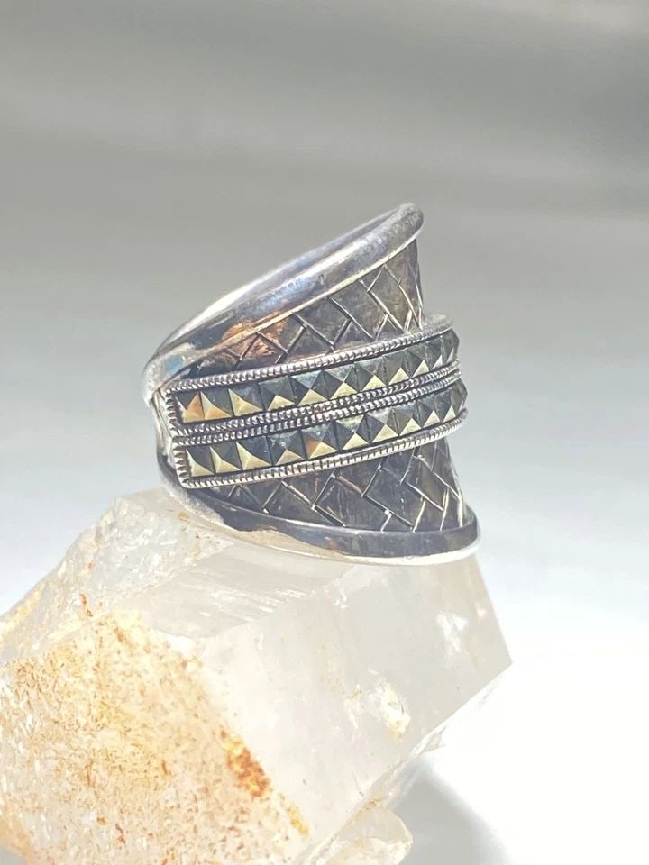 CIGAR BAND SIZE 6.75 WIDE MARCASITES WOVEN RING STERLING SILVER WOMEN GIRLS (1 of 1)