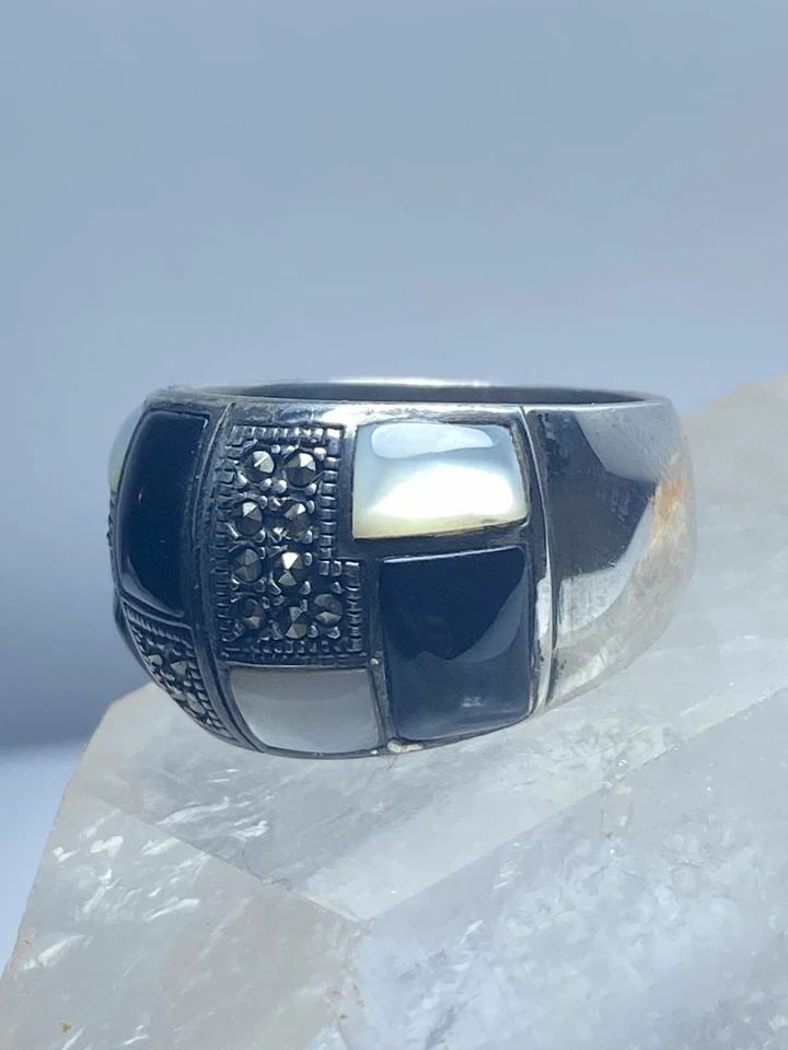 CHECKERBOARD RING SIZE 7.75 ONYX MOTHER OF PEARL MARCASITE CIGAR BAND (1 of 2)