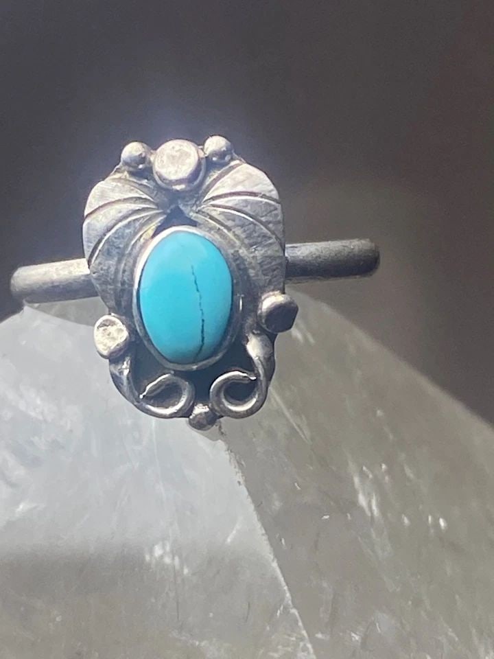TURQUOISE RING PETITE POINT SOUTHWEST PINKY STERLING SILVER WOMEN GIRL EE (1 of 1)