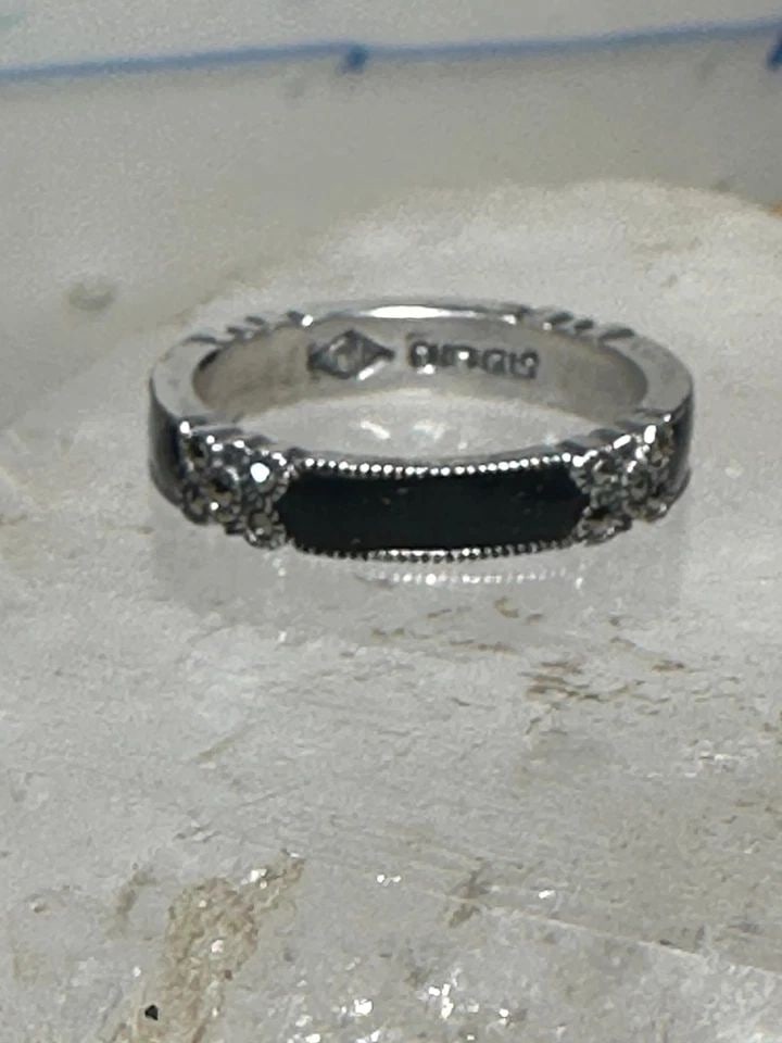 JUDITH JACK RING WEDDING BLACK ENAMEL BAND MARCASITE STACKER SIZE 7.7 STERLING S (1 of 1)