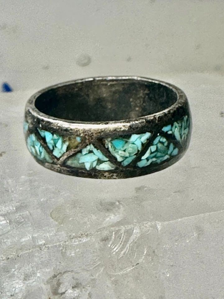 ZUNI RING TURQUOISE CHIPS BAND WEDDING SIZE 7.25 STERLING SILVER WOMEN MEN (1 of 2)