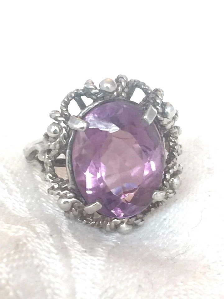 VINTAGE STERLING SILVER FACETED AMETHYST OR GLASS RING SIZE 6 4.6G (1 of 1)