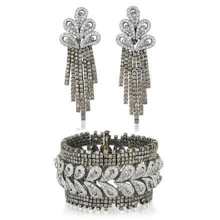 18K TWO TONE GOLD LINK BRACELET & CHANDELIER EARRINGS SET 35CT ROUND DIAMONDS (1 of 2)