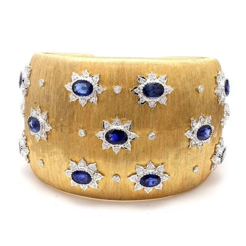 18K YG CUFF BRACELET WITH 1.2 CARAT ROUND DIAMONDS AND 14.25 CARAT SAPPHIRE (1 of 2)