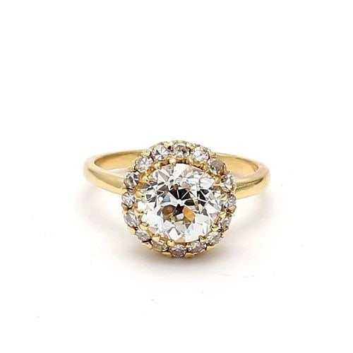 18K YELLOW GOLD HALO RING WITH 2.16 CARAT OLD EUROPEAN CUT GIA DIAMONDS SIZE 5.5: 18K YELLOW GOLD HALO RING WITH 2.16 CARAT OLD EUROPEAN CUT GIA DIAMONDS SIZE 5.5 Detailed Description: 18K Yellow Gold, Size 5.5 Elevate your style with this stunning halo ring, showcasing a 2.16 cara