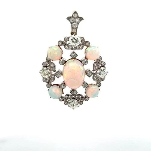 TIFFANY & CO 2.80 CARAT OLD EUROPEAN CUT DIAMOND 18K GOLD-PLAT OPAL PENDANT: TIFFANY & CO 2.80 CARAT OLD EUROPEAN CUT DIAMOND 18K GOLD-PLAT OPAL PENDANT Designer: Tiffany & Co Title: Tiffany & Co 2.80 Carat Old European Cut M SI1-VVS2 and Old Miner Cut Diamond 18 Karat Two Ton