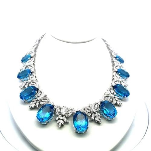 200CT BLUE OVAL GEMSTONE AND 17CT DIAMOND 10K WG VINTAGE STATEMENT NECKLACE (1 of 2)