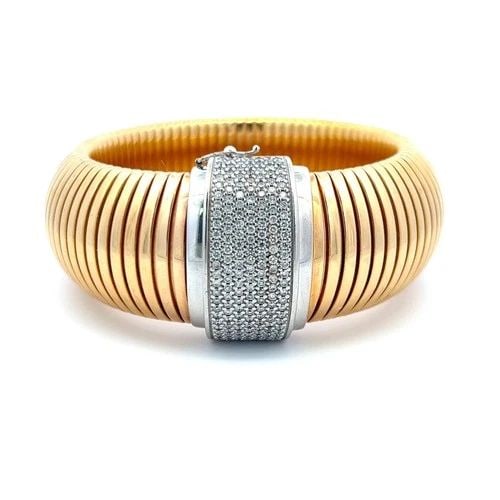 2.00CT ROUND BRILLIANT H VS1 DIAMOND 18K TWO-TONE GOLD TUBOGAS BRACELET: 2.00CT ROUND BRILLIANT H VS1 DIAMOND 18K TWO-TONE GOLD TUBOGAS BRACELET PRODUCT DESCRIPTION Title: A magnificent 18K two-tone gold Tubogas bracelet showcasing timeless Italian craftsmanship and sophis