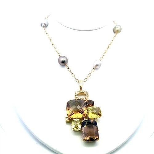 18K YG PENDANT NECKLACE WITH 0.32CT ROUND DIAMONDS PEARLS & SMOKEY QUARTZ (1 of 2)