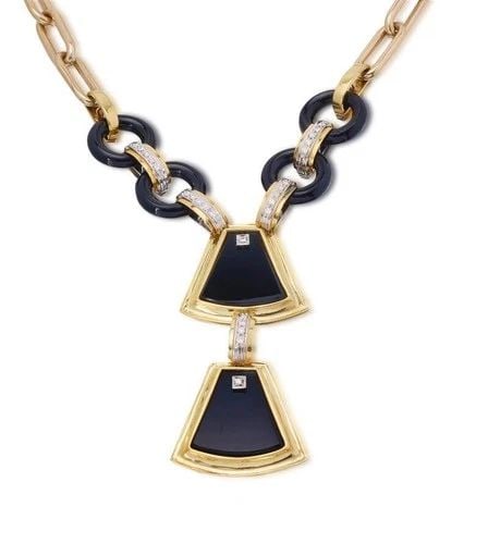 VINTAGE 14K YELLOW GOLD PENDANT NECKLACE WITH 0.8 CARAT ROUND DIAMONDS ONYX (1 of 2)