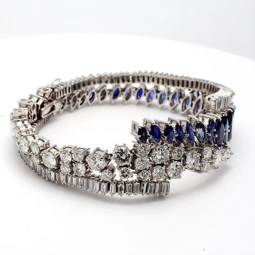 PLATINUM 1960S LINK BRACELET WITH 9CT ROUND & BAGUETTE DIAMONDS 9.95CT SAPPHIRE (1 of 2)