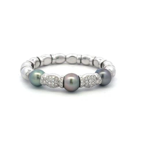 18K WG BANGLE BRACELET WITH 2.5 CARAT ROUND I SI DIAMONDS AND 11.2-11.6MM PEARLS (1 of 2)