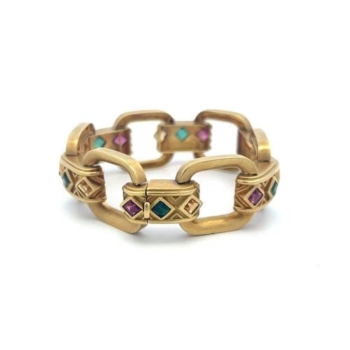 VINTAGE 18K YELLOW GOLD BOLD LINK BRACELET WITH 1 CARAT SYNTHETIC STONES (1 of 2)