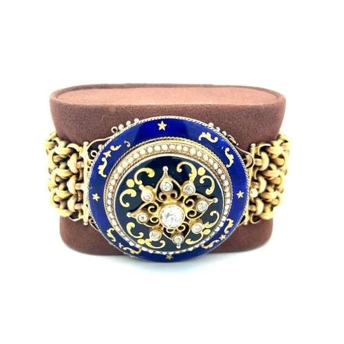 VICTORIAN 10K YG LINK ENAMEL BRACELET WITH 1.15 CARAT DIAMONDS AND 1.1 MM PEARL: VICTORIAN 10K YG LINK ENAMEL BRACELET WITH 1.15 CARAT DIAMONDS AND 1.1 MM PEARL Detailed Description: Antique 10K Yellow Gold Link Bracelet with Diamonds and Pearl Detailing DESCRIPTION: This luxuriou
