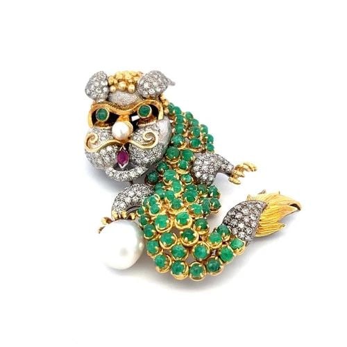 12.00 CARAT EMERALD 8.00 CARAT ROUND DIAMOND 5.2MM PEARL 14K GOLD PIN BROOCH: 12.00 CARAT EMERALD 8.00 CARAT ROUND DIAMOND 5.2MM PEARL 14K GOLD PIN BROOCH Title: 12.00 Carat Emerald 8.00 Carat Round Brilliant G SI1 Diamond 2.00 Carat Pearl 0.20 Carat Marquis Shape Ruby 14 Karat