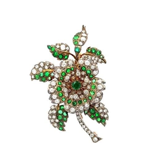 3.72CT OLD EUROPEAN CUT DIAMOND & 2.45CT EMERALD BROOCH IN 18K WHITE GOLD/SILVER (1 of 2)