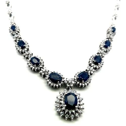 18K WHITE GOLD RIVIERA NECKLACE WITH 4CT ROUND H-VS DIAMONDS AND 6.5CT SAPPHIRES (1 of 2)