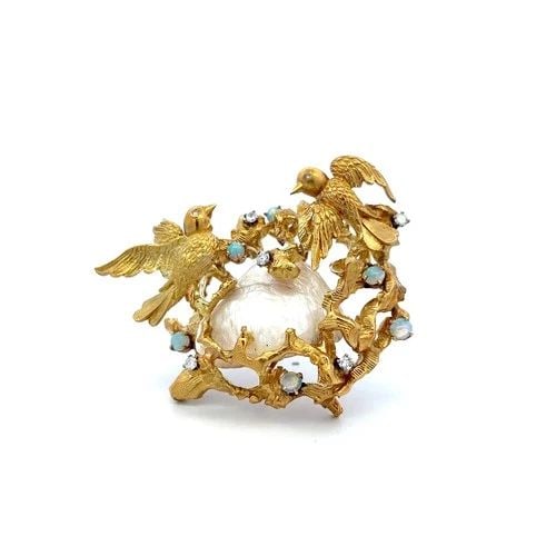 18K YG PIN BROOCH WITH 0.32 CARAT ROUND G VS DIAMONDS 3.00-3.7MM OPAL & PEARLS (1 of 1)