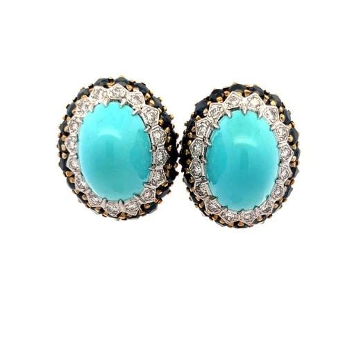 8.00 CARAT SAPPHIRE 1.60 CARAT ROUND DIAMOND 18K TWO TONE GOLD CLIP ON EARRINGS (1 of 2)