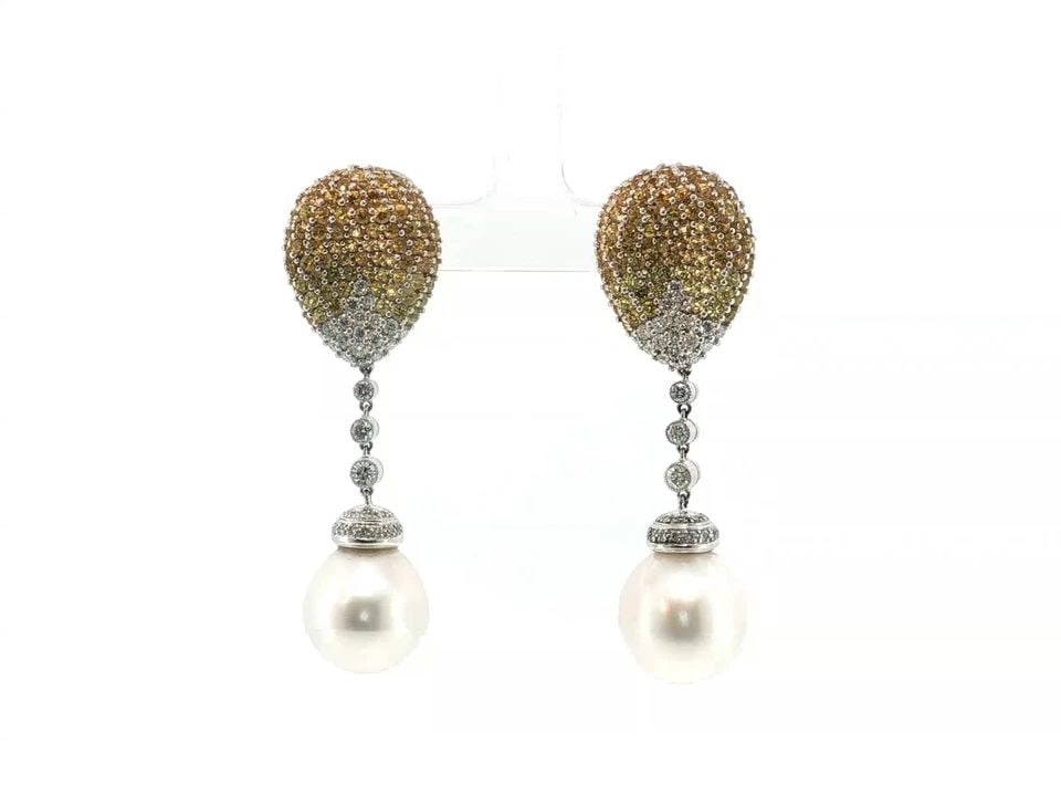 18K WHITE GOLD DROP EARRINGS WITH 2CT ROUND DIAMONDS 5CT SAPPHIRE & 15MM PEARL: 18K WHITE GOLD DROP EARRINGS WITH 2CT ROUND DIAMONDS 5CT SAPPHIRE & 15MM PEARL 18K WHITE GOLD DROP EARRINGS WITH 2CT ROUND DIAMONDS 5CT SAPPHIRE & 15MM PEARL PRODUCT DESCRIPTION Detailed Description: 