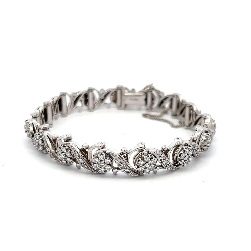 VINTAGE 14K WHITE GOLD LINK BRACELET WITH 3.31 CARAT ROUND I-VS1 DIAMONDS 7INCH (1 of 1)