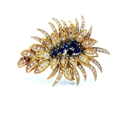VINTAGE 18K YG PIN BROOCH WITH 3 CARAT ROUND H SI DIAMONDS & 0.8 CARAT SAPPHIRE: VINTAGE 18K YG PIN BROOCH WITH 3 CARAT ROUND H SI DIAMONDS & 0.8 CARAT SAPPHIRE VINTAGE 18K YG PIN BROOCH WITH 3 CARAT ROUND H SI DIAMONDS & 0.8 CARAT SAPPHIRE PRODUCT DESCRIPTION Detailed Description