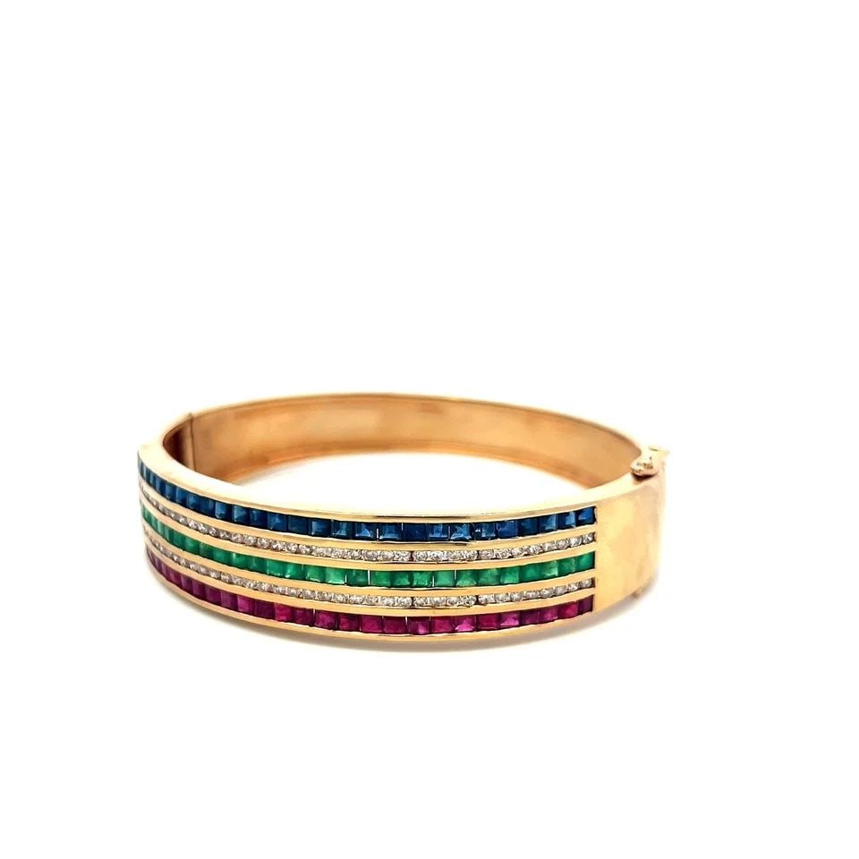 14K YG BANGLE BRACELET 1CT DIAMONDS 1.35CT RUBY 1.35CT EMERALD 1.35CT SAPPHIRE (1 of 1)