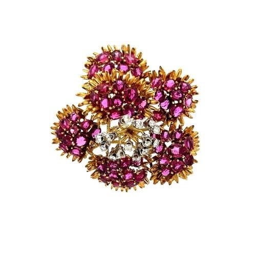 22.00 CARAT RUBY 0.30 CARAT ROUND BRILLIANT DIAMOND 18K YELLOW GOLD PIN BROOCH (1 of 2)