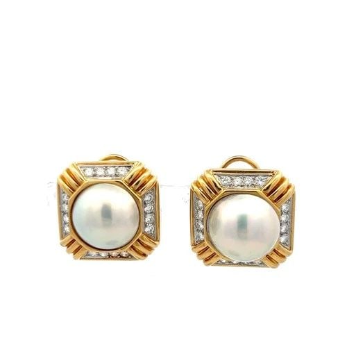 18K TWO TONE GOLD CLIP ON EARRINGS 0.96 CARAT ROUND H VS DIAMONDS & 14MM PEARLS (1 of 2)