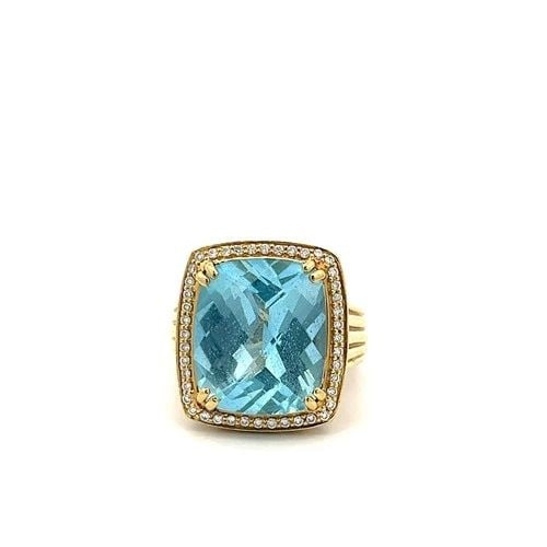 18K YG COCKTAIL RING WITH 0.25CT ROUND DIAMONDS & 13.7X16.00MM AQUAMARINE SIZE 6: 18K YG COCKTAIL RING WITH 0.25CT ROUND DIAMONDS & 13.7X16.00MM AQUAMARINE SIZE 6 Detailed Description: Dive into bold elegance with this vintage 18K yellow gold cocktail ring, featuring a stunning 13.