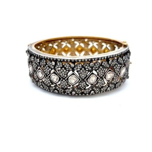 ANTIQUE TWO TONE GOLD/SLV BANGLE BRACELET WITH 12.6CT ROUND & ROSE CUT DIAMONDS (1 of 1)