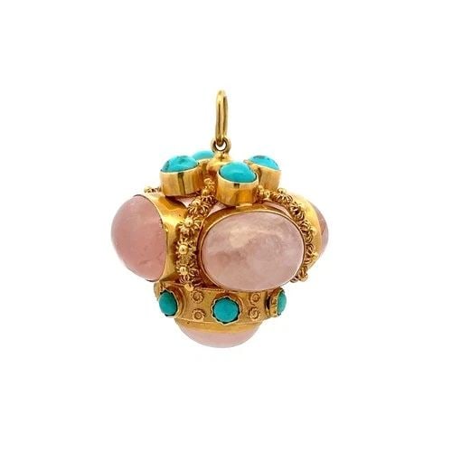 VINTAGE 18K YELLOW GOLD PENDANT WITH QUARTZ AND TURQUOISE STONES: VINTAGE 18K YELLOW GOLD PENDANT WITH QUARTZ AND TURQUOISE STONES VINTAGE 18K YELLOW GOLD PENDANT WITH QUARTZ AND TURQUOISE STONES PRODUCT DESCRIPTION Detailed Description: In the heart of this vintage