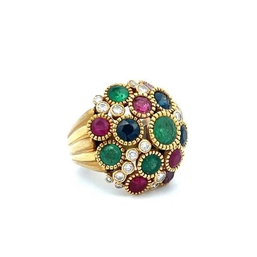 3.70 CARAT EMERALD RUBY AND SAPPHIRE 0.65 CARAT DIAMOND 18K YG COCKTAIL RING (1 of 1)