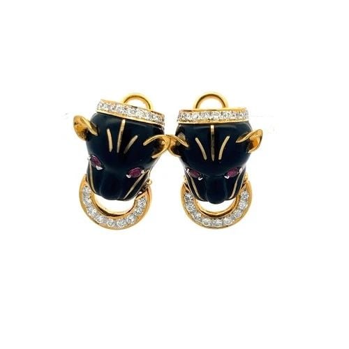 18K GOLD CLIP-ON EARRINGS WITH ENAMEL 1.41 CARAT DIAMOND AND 0.25 CARAT RUBY: 18K GOLD CLIP-ON EARRINGS WITH ENAMEL 1.41 CARAT DIAMOND AND 0.25 CARAT RUBY Detailed Description: Elevate your style with these striking clip-on earrings crafted from 18K yellow gold. Featuring an in