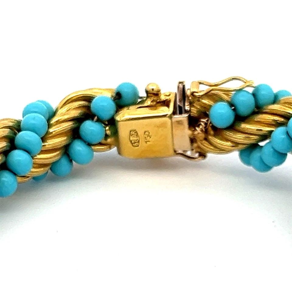 VINTAGE 24.50 GRAMS TURQUOISE 18 KARAT YELLOW GOLD BEAD BRACELET: VINTAGE 24.50 GRAMS TURQUOISE 18 KARAT YELLOW GOLD BEAD BRACELET Title: 18 Karat Yellow Gold Bead Bracelet Style: Bead Metal: 18 Karat Yellow Gold Size: 6.5 Weight: 24.5 Grams Condition: Vintage And E