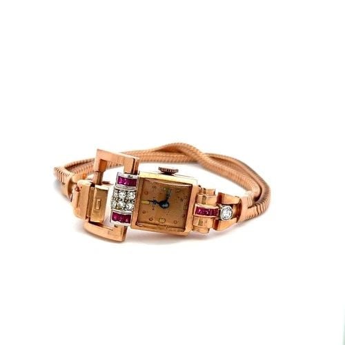 0.70 CARAT RUBY 0.40 CARAT ROUND BRILLIANT DIAMOND 14K ROSE GOLD WATCH (1 of 2)