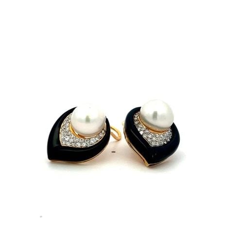 VINTAGE 12MM PEARL 18K YG ONYX CLIP-ON EARRINGS WITH 1.2 CARAT H-VS DIAMONDS (1 of 2)